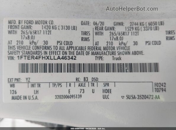 1FTER4FHXLLA46342 2020 FORD RANG Белый Вид подкапотного пространства