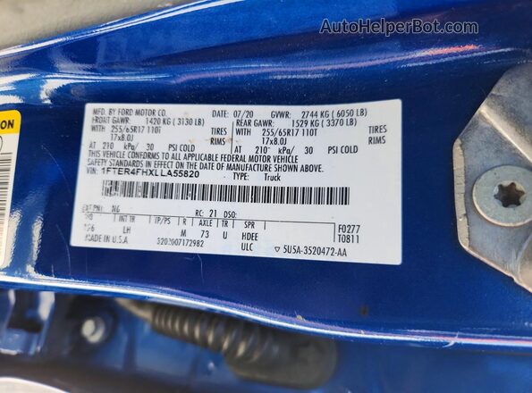 1FTER4FHXLLA55820 2020 FORD RANGER Blue Widok komory silnika
