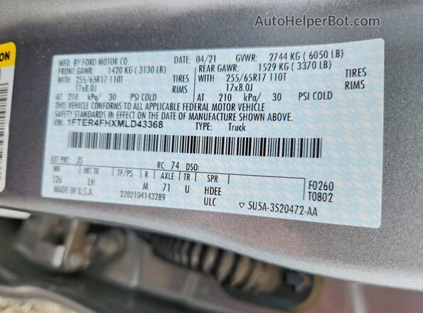 1FTER4FHXMLD43368 2021 FORD RANGER Серебряный Вид подкапотного пространства