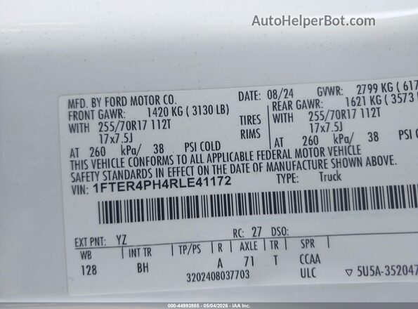 1FTER4PH4RLE41172 2024 FORD RANG White Вид підкапотного простору