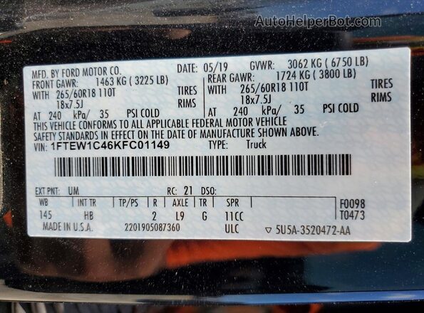 1FTEW1C46KFC01149 2019 FORD F150 Черный Вид подкапотного пространства