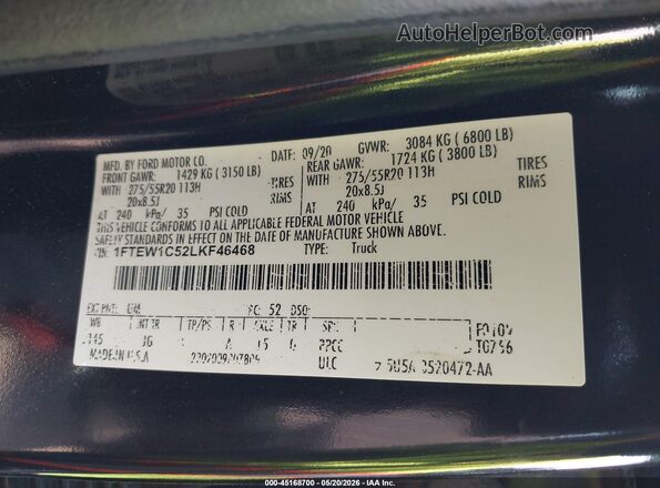 1FTEW1C52LKF46468 2020 FORD F150 Black ძრავის განყოფილების ხედი