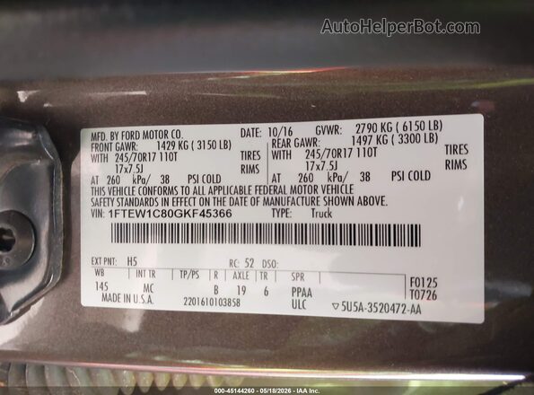 1FTEW1C80GKF45366 2016 FORD F150 Brown ძრავის განყოფილების ხედი