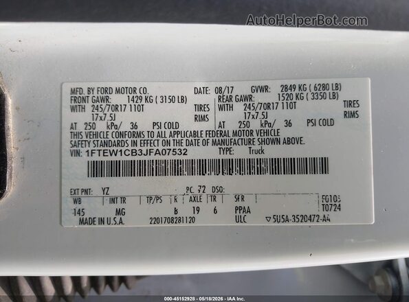 1FTEW1CB3JFA07532 2018 FORD F150 Белый Вид подкапотного пространства