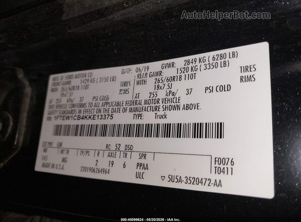 1FTEW1CB4KKE13375 2019 FORD F150 Black Widok komory silnika
