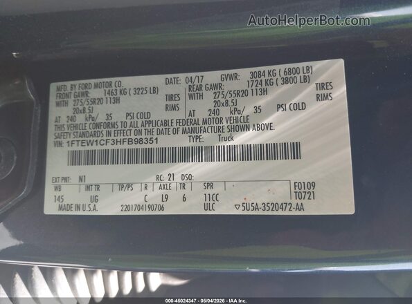 1FTEW1CF3HFB98351 2017 FORD F150 Dark Blue Вид подкапотного пространства