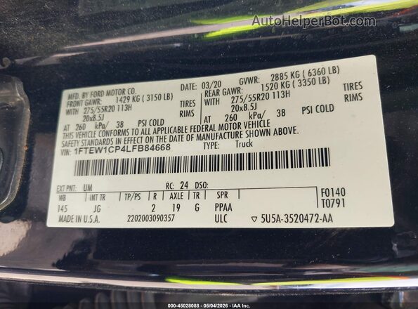1FTEW1CP4LFB84668 2020 FORD F150 Черный Вид подкапотного пространства