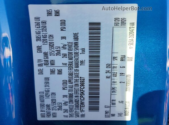 1FTEW1CP5KFC96927 2019 FORD F150 Blue Vista del compartimento del motor