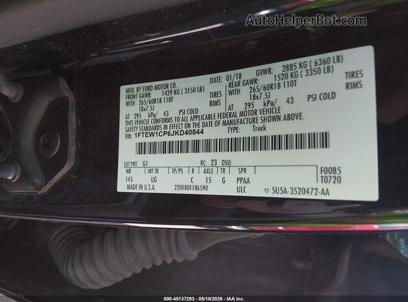 1FTEW1CP6JKD40844 2018 FORD F150 Black ძრავის განყოფილების ხედი