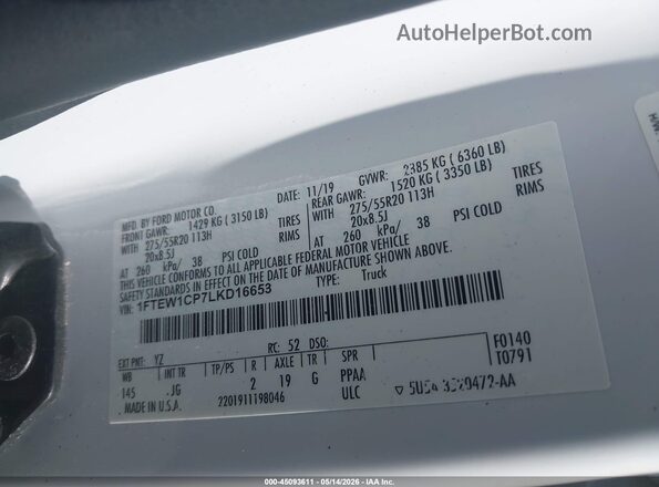 1FTEW1CP7LKD16653 2020 FORD F150 Белый Вид подкапотного пространства