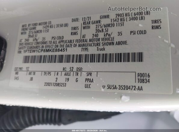 1FTEW1CP8MKE88451 2021 FORD F150 Белый Вид подкапотного пространства