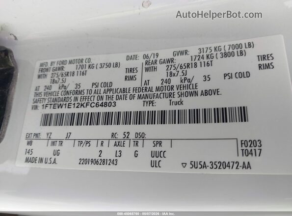 1FTEW1E12KFC64803 2019 FORD F150 White Vista del compartimento del motor