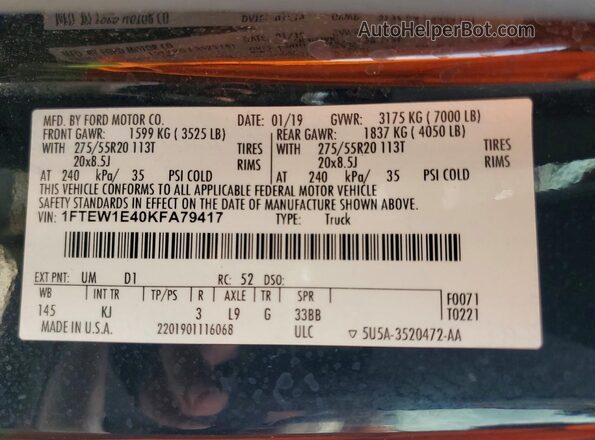 1FTEW1E40KFA79417 2019 FORD F150 Черный Вид подкапотного пространства