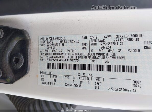 1FTEW1E43KFC76775 2019 FORD F150 White Vista del compartimento del motor