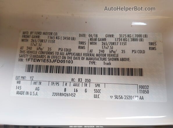 1FTEW1E53JFD05103 2018 FORD F150 White Widok komory silnika