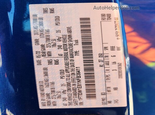 1FTEW1E81NFB36411 2022 FORD F150 Blue VIN sticker view