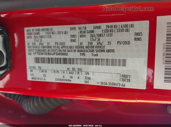 1FTEW1EB0JFD05002 2018 FORD F150 Red Вид підкапотного простору