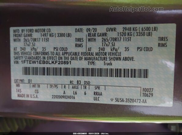 1FTEW1EB0LKF20891 2020 FORD F150 Коричневый Вид подкапотного пространства