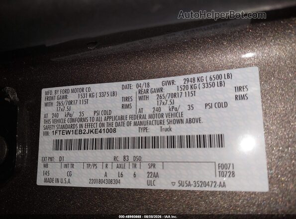 1FTEW1EB2JKE41008 2018 FORD F150 Brown Vista del compartimento del motor