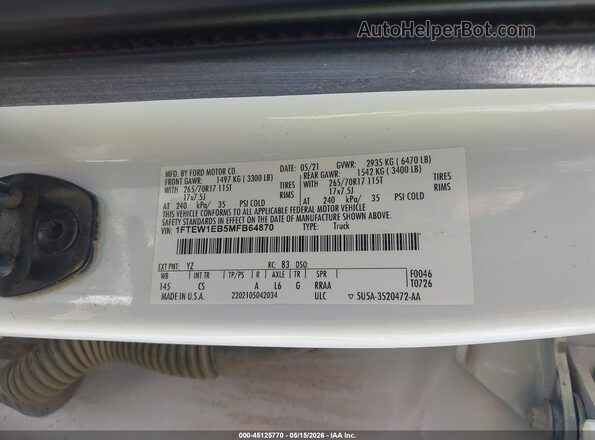 1FTEW1EB5MFB64870 2021 FORD F150 Белый Вид подкапотного пространства