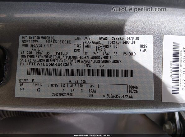 1FTEW1EB5MKE48359 2021 FORD F150 Серебряный Вид подкапотного пространства