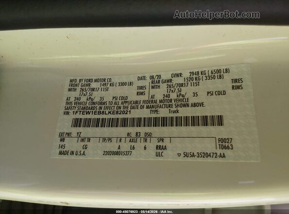 1FTEW1EB8LKE82021 2020 FORD F150 Белый Вид подкапотного пространства