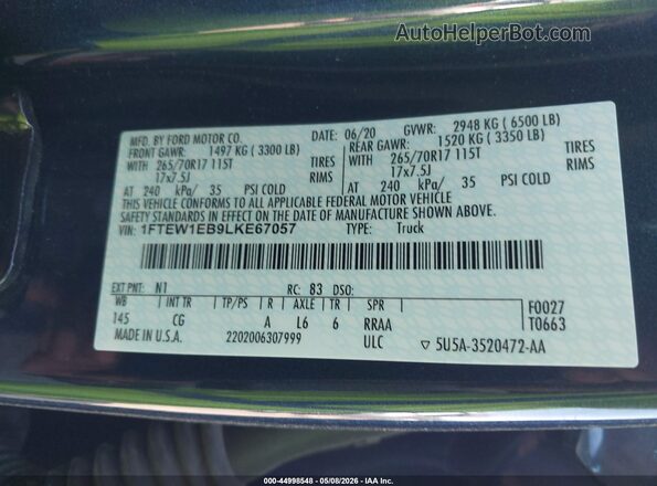 1FTEW1EB9LKE67057 2020 FORD F150 Синий Вид подкапотного пространства