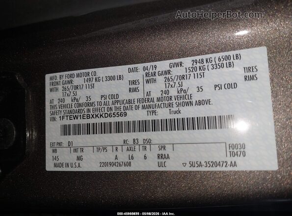 1FTEW1EBXKKD65569 2019 FORD F150 Brown Vista del compartimento del motor