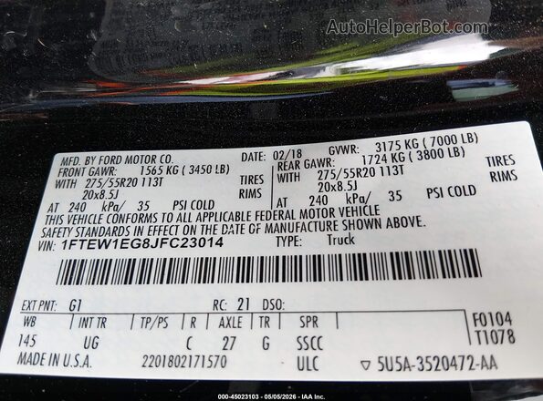 1FTEW1EG8JFC23014 2018 FORD F150 Черный Вид подкапотного пространства