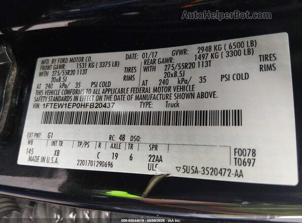 1FTEW1EP0HFB20437 2017 FORD F150 Черный Вид подкапотного пространства
