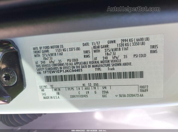 1FTEW1EP1JKC94403 2018 FORD F150 Белый Вид подкапотного пространства