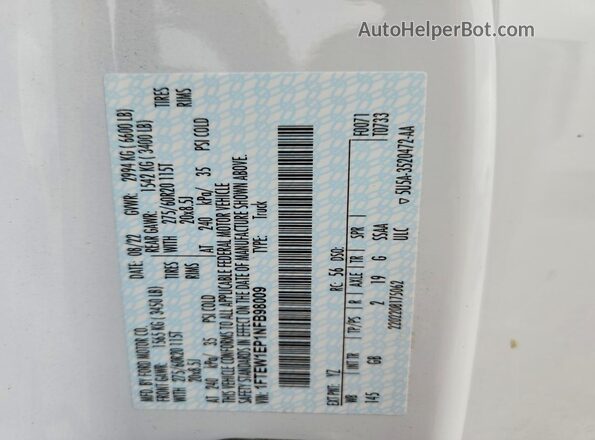 1FTEW1EP1NFB98009 2022 FORD F150 White Vista de la etiqueta del VIN