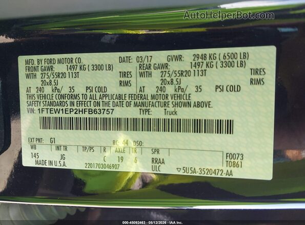 1FTEW1EP2HFB63757 2017 FORD F150 Black Շարժիչի բաժամունքի տեսք