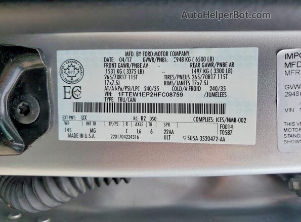1FTEW1EP2HFC08759 2017 FORD F150 Silver Vista del compartimento del motor