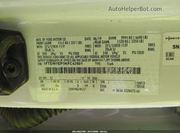 1FTEW1EP3KFC42801 2019 FORD F150 Белый Вид подкапотного пространства