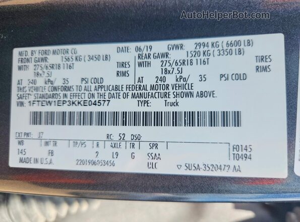 1FTEW1EP3KKE04577 2019 FORD F150 Gray Widok komory silnika