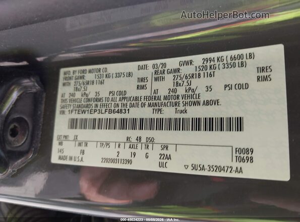 1FTEW1EP3LFB64831 2020 FORD F150 Серый Вид подкапотного пространства