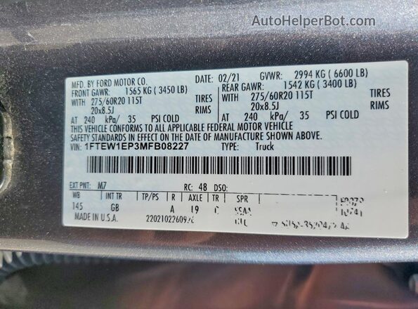 1FTEW1EP3MFB08227 2021 FORD F150 Gray Widok komory silnika