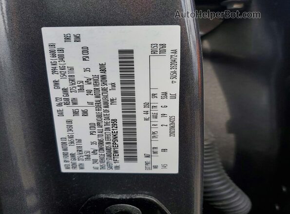 1FTEW1EP5NKE12958 2022 FORD F150 Gray Widok naklejki z numerem VIN