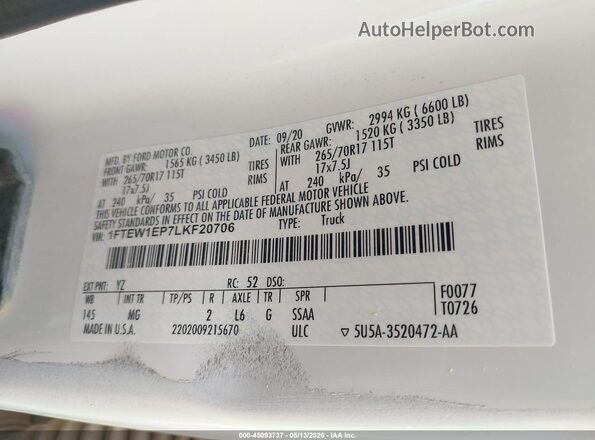 1FTEW1EP7LKF20706 2020 FORD F150 Белый Вид подкапотного пространства