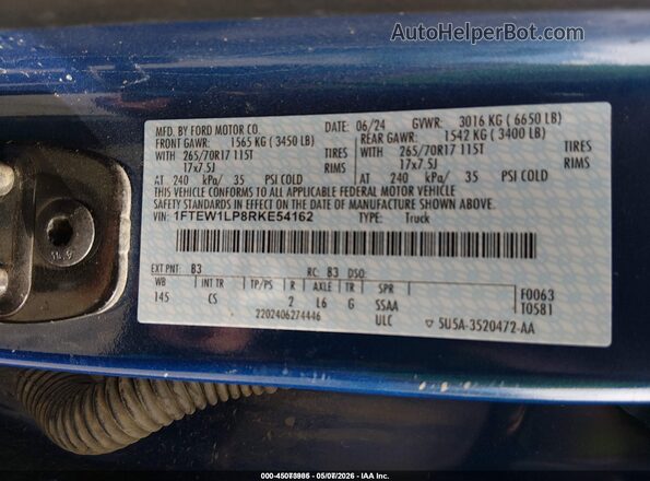 1FTEW1LP8RKE54162 2024 FORD F150 Blue Widok komory silnika