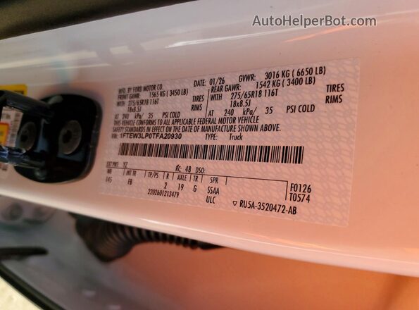 1FTEW3LP0TFA20930 2026 FORD F150 White Вид підкапотного простору