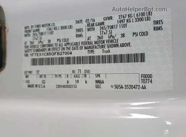 1FTEX1C85GFB27004 2016 FORD F150 Двухцветный Вид подкапотного пространства