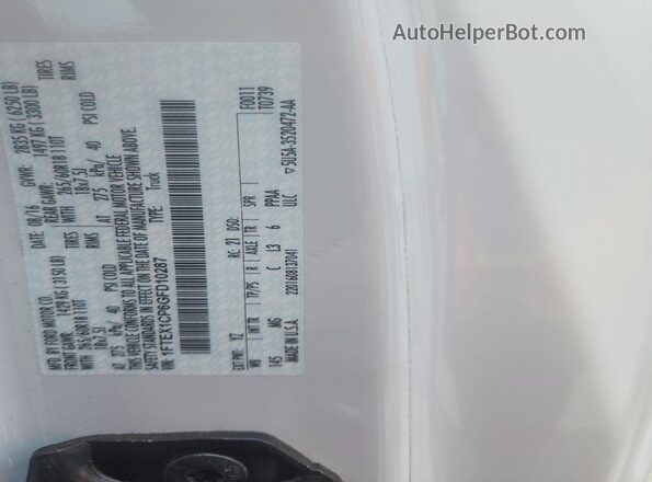 1FTEX1CP6GFD10287 2016 FORD F150 Белый Вид подкапотного пространства