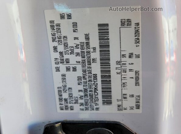 1FTEX1CP9KKD13068 2019 FORD F150 Белый Вид подкапотного пространства