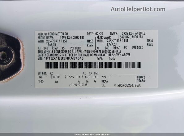1FTEX1EB5NFA57543 2022 FORD F150 White ძრავის განყოფილების ხედი