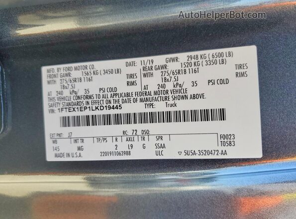 1FTEX1EP1LKD19445 2020 FORD F150 Charcoal Widok komory silnika