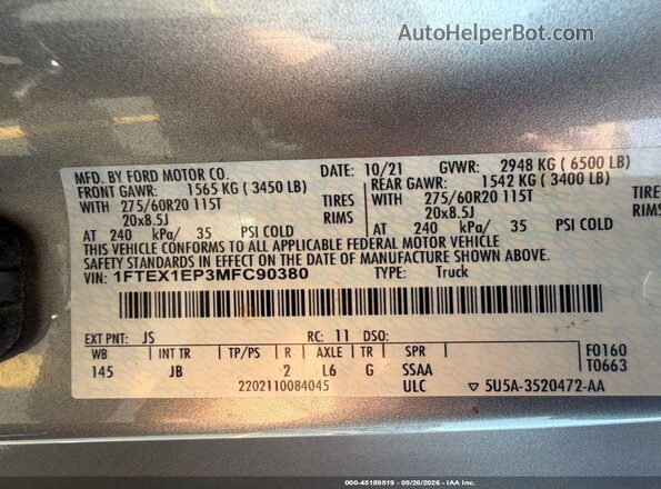 1FTEX1EP3MFC90380 2021 FORD F150 Silver VIN კოდის სტიკერის ხედი