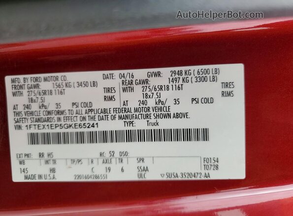 1FTEX1EP5GKE65241 2016 FORD F150 Maroon Вид підкапотного простору