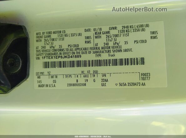 1FTEX1EP8JKD41889 2018 FORD F150 White Vista del compartimento del motor